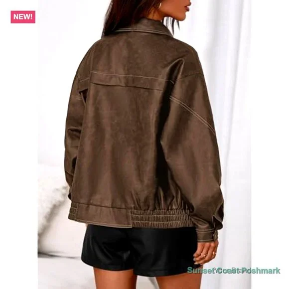 Faux Leather Jacket Women Bomber Motorcycle Zip Up Oversized Winter Coat - Picture 4 of 7